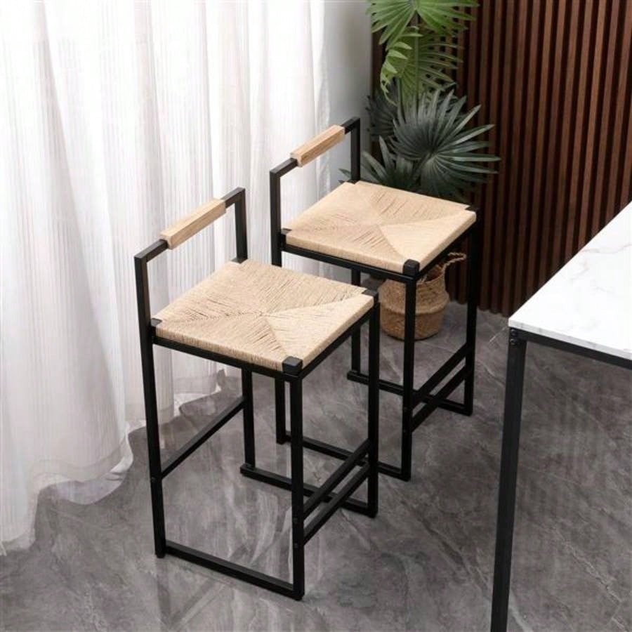 Set of 2 Bar Stools with Back Paper Rope Woven Counter Height Dining Chairs Kitchen, Home Paper Rope with Back