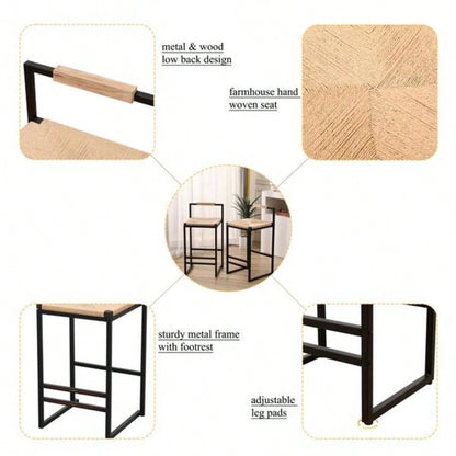 Set of 2 Bar Stools with Back Paper Rope Woven Counter Height Dining Chairs Kitchen, Home Paper Rope with Back
