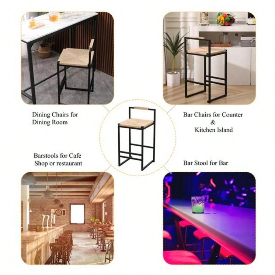 Set of 2 Bar Stools with Back Paper Rope Woven Counter Height Dining Chairs Kitchen, Home Paper Rope with Back