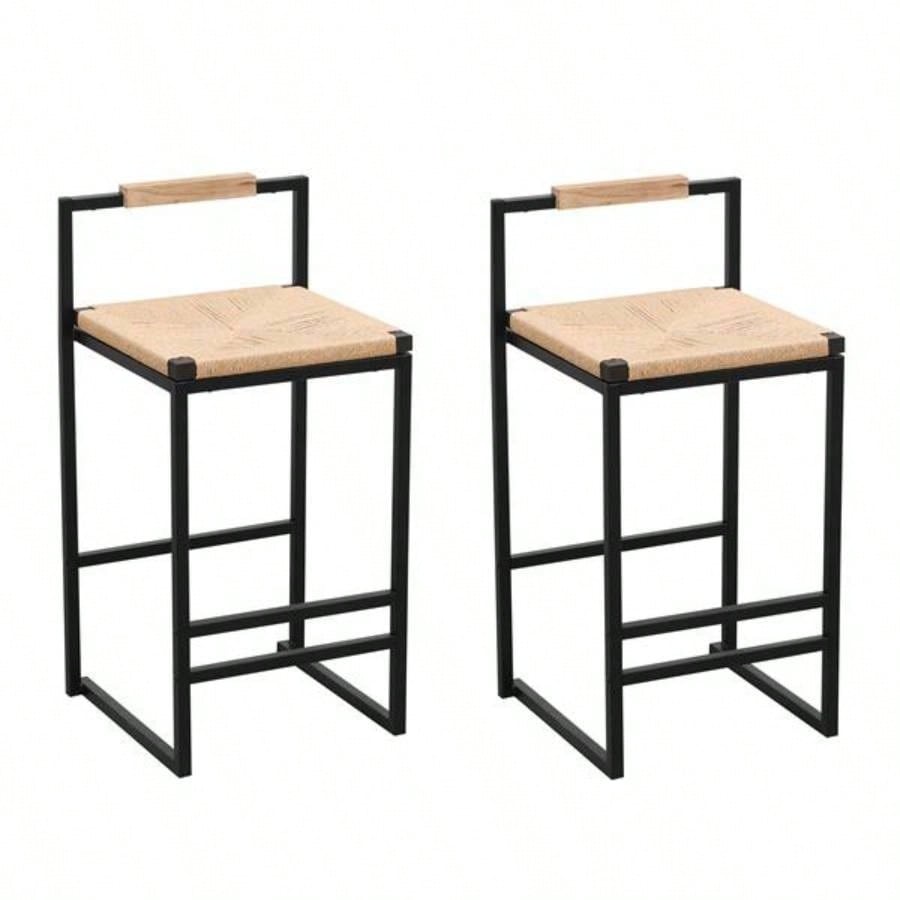 Set of 2 Bar Stools with Back Paper Rope Woven Counter Height Dining Chairs Kitchen, Home Paper Rope with Back
