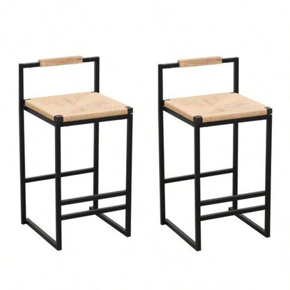 Set of 2 Bar Stools with Back Paper Rope Woven Counter Height Dining Chairs Kitchen, Home Paper Rope with Back