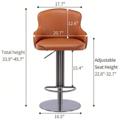 Black Titanium Stainless Steel Bar Stools, Grade Modern Leather Bar Chair with Backrest, Swivel Adjustable Height Kitchen Counter and Dining Room Brown 1pc