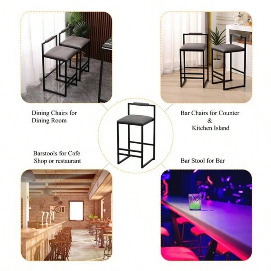 Set of 2 Counter Height Barstools Kitchen Island Stools with Back Modern Armless Metal PU Gray Upholstered Chairs Gray with Back