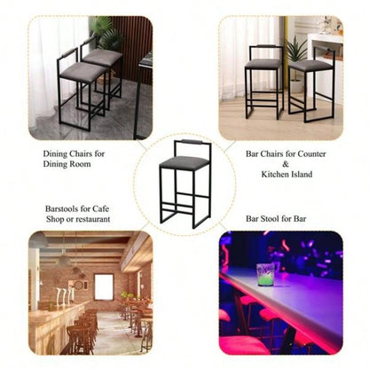 Set of 2 Counter Height Barstools Kitchen Island Stools with Back Modern Armless Metal PU Gray Upholstered Chairs Gray with Back