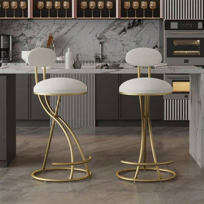 Round Bar Stool Armless Velvet Barstools with Back Set of 2 Upholstered Counter Chair Dining Room, Kitchen Island Gold Creamy White