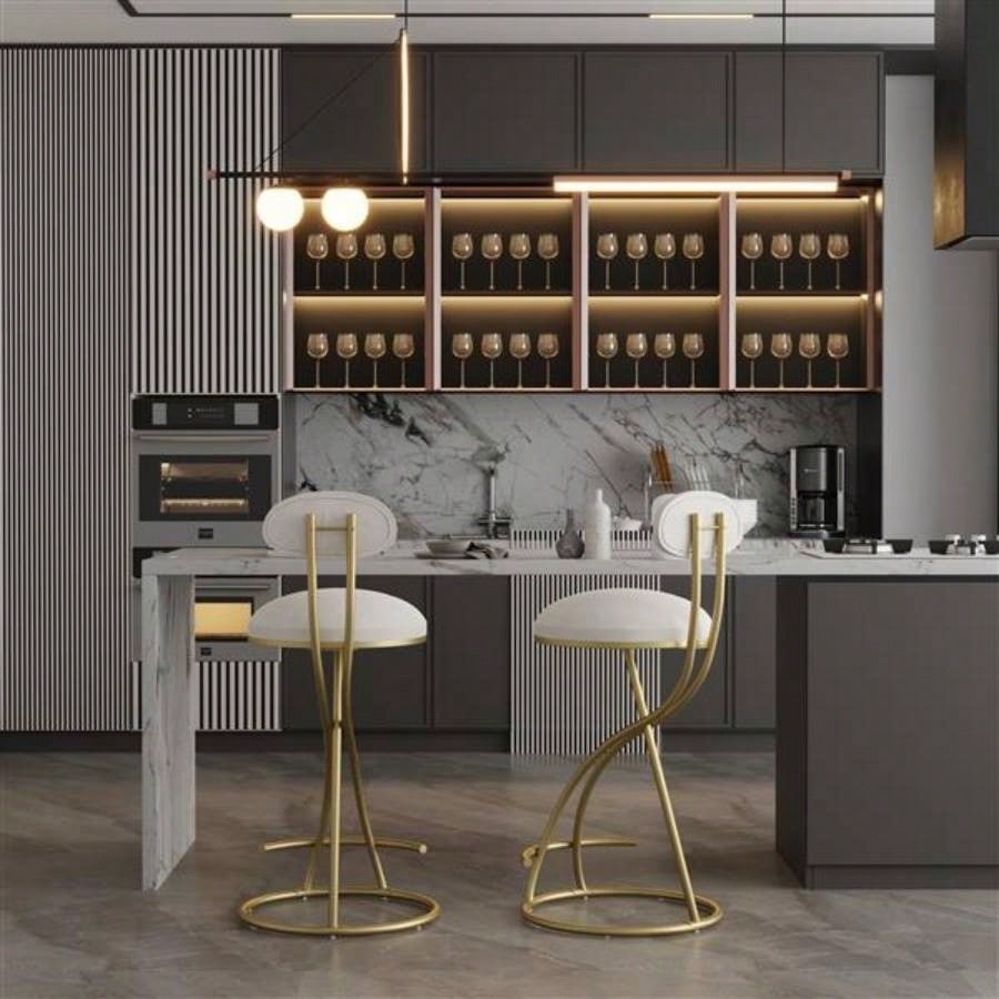 Round Bar Stool Armless Velvet Barstools with Back Set of 2 Upholstered Counter Chair Dining Room, Kitchen Island Gold Creamy White
