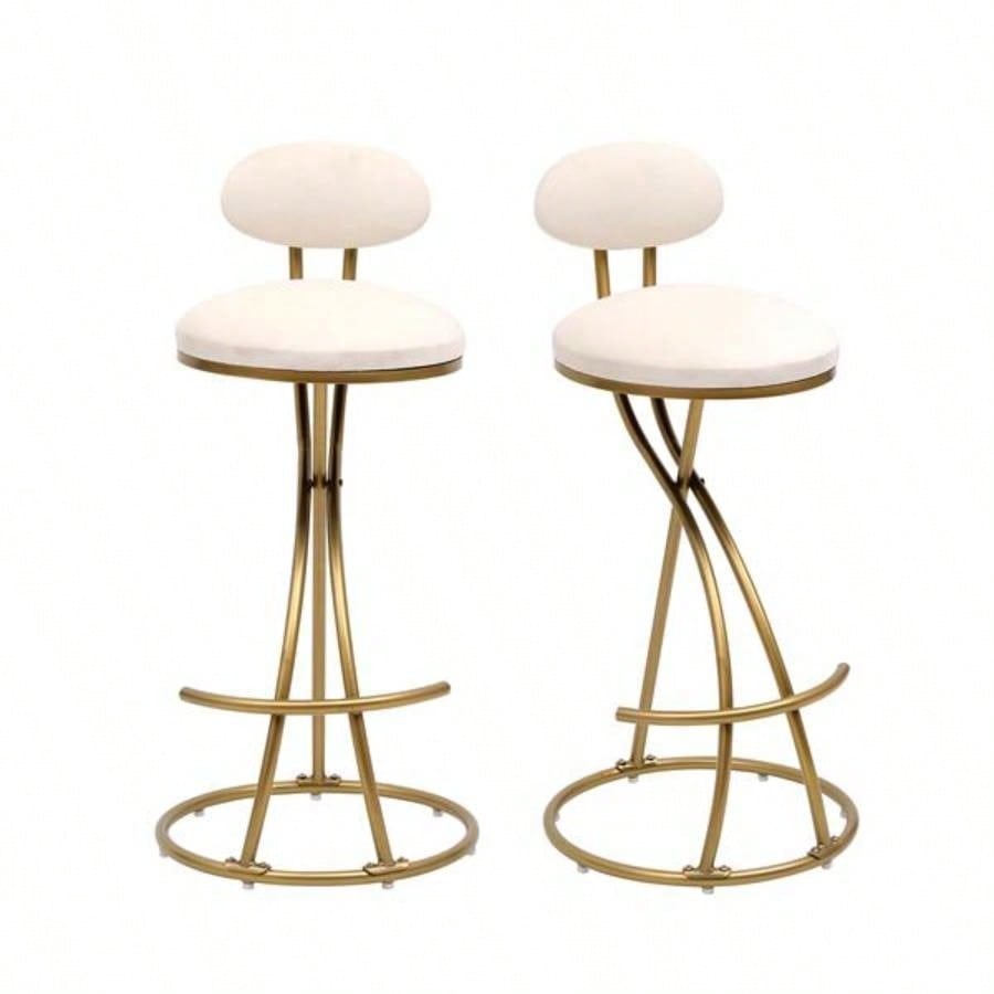 Round Bar Stool Armless Velvet Barstools with Back Set of 2 Upholstered Counter Chair Dining Room, Kitchen Island Gold Creamy White