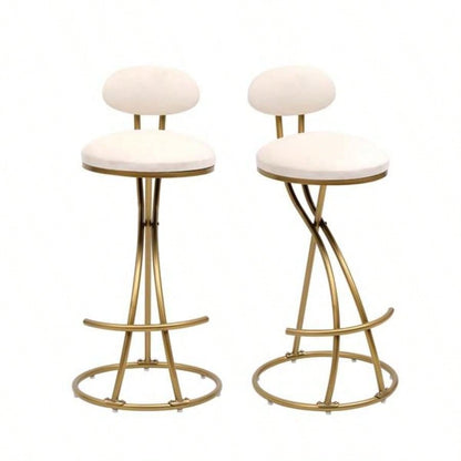 Round Bar Stool Armless Velvet Barstools with Back Set of 2 Upholstered Counter Chair Dining Room, Kitchen Island Gold Creamy White