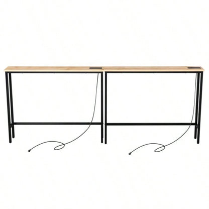 2 Pack 39.4 Narrow Console Sofa Table with Power Outlets and USB Ports, Long Couch Table with Metal Frame and Charge Station with 4.9ft Extension Cord, Oak