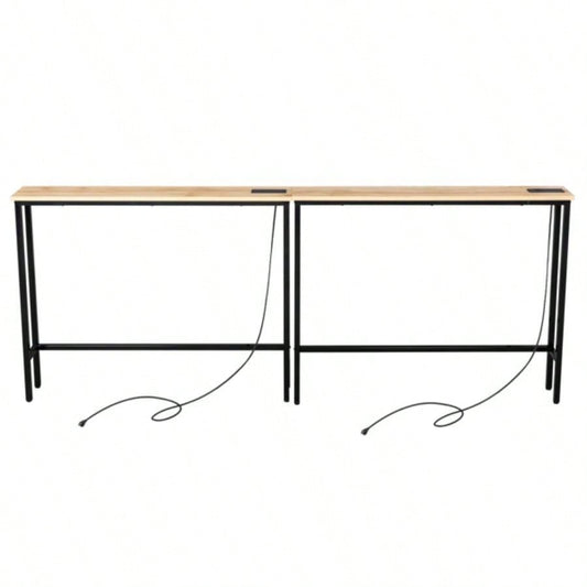 2 Pack 39.4 Narrow Console Sofa Table with Power Outlets and USB Ports, Long Couch Table with Metal Frame and Charge Station with 4.9ft Extension Cord, Oak