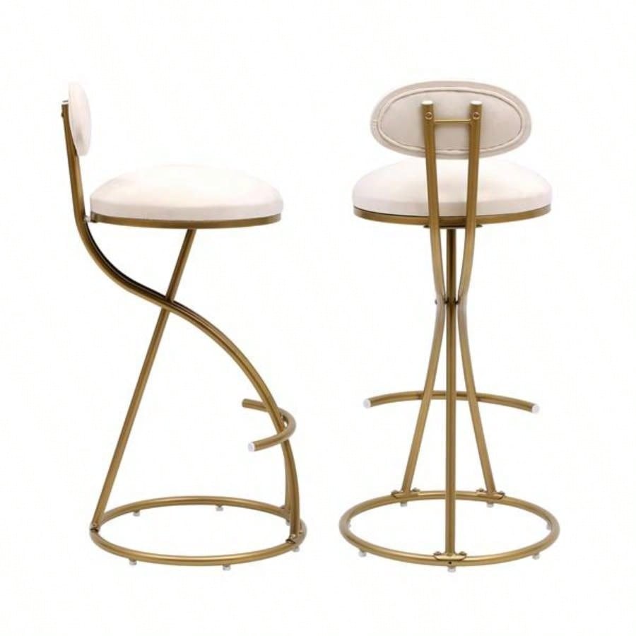 Round Bar Stool Armless Velvet Barstools with Back Set of 2 Upholstered Counter Chair Dining Room, Kitchen Island Gold Creamy White