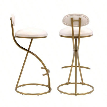 Round Bar Stool Armless Velvet Barstools with Back Set of 2 Upholstered Counter Chair Dining Room, Kitchen Island Gold Creamy White