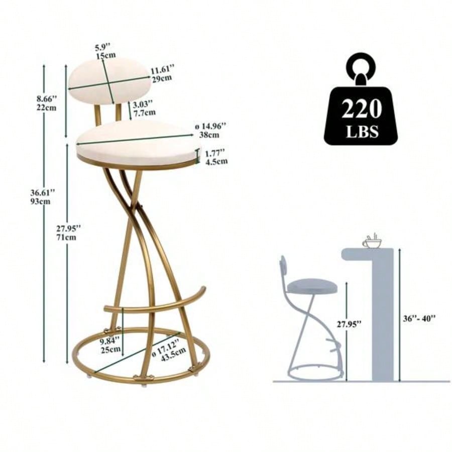 Round Bar Stool Armless Velvet Barstools with Back Set of 2 Upholstered Counter Chair Dining Room, Kitchen Island Gold Creamy White