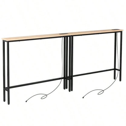 2 Pack 39.4 Narrow Console Sofa Table with Power Outlets and USB Ports, Long Couch Table with Metal Frame and Charge Station with 4.9ft Extension Cord, Oak