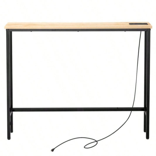 39.4 Narrow Console Sofa Table with Power Outlets and USB Ports, Couch Table with Metal Frame and Charge Station with 4.9ft Extension Cord, Oak