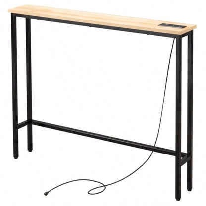 39.4 Narrow Console Sofa Table with Power Outlets and USB Ports, Couch Table with Metal Frame and Charge Station with 4.9ft Extension Cord, Oak
