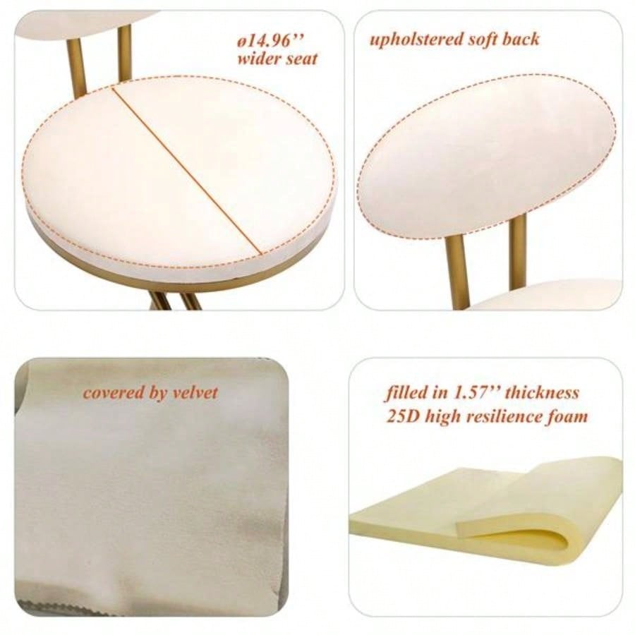 Round Bar Stool Armless Velvet Barstools with Back Set of 2 Upholstered Counter Chair Dining Room, Kitchen Island Gold Creamy White