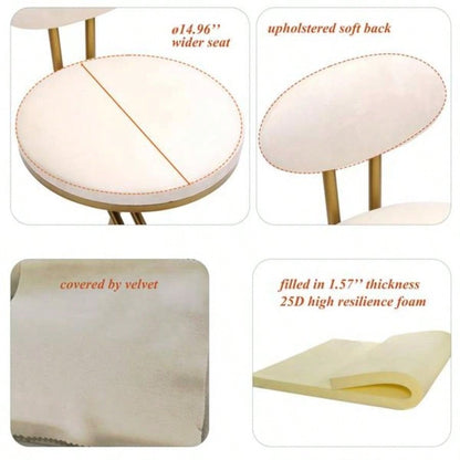 Round Bar Stool Armless Velvet Barstools with Back Set of 2 Upholstered Counter Chair Dining Room, Kitchen Island Gold Creamy White