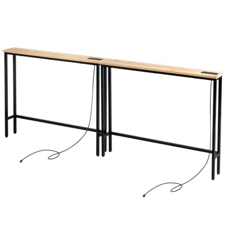 2 Pack 39.4 Narrow Console Sofa Table with Power Outlets and USB Ports, Long Couch Table with Metal Frame and Charge Station with 4.9ft Extension Cord, Oak