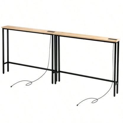 2 Pack 39.4 Narrow Console Sofa Table with Power Outlets and USB Ports, Long Couch Table with Metal Frame and Charge Station with 4.9ft Extension Cord, Oak