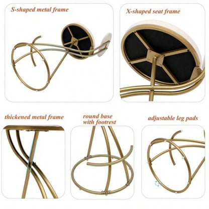 Round Bar Stool Armless Velvet Barstools with Back Set of 2 Upholstered Counter Chair Dining Room, Kitchen Island Gold Creamy White