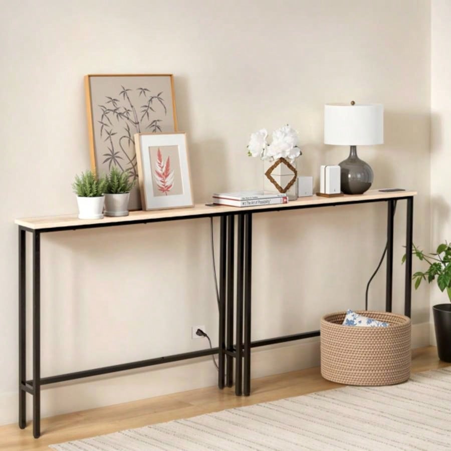 2 Pack 39.4 Narrow Console Sofa Table with Power Outlets and USB Ports, Long Couch Table with Metal Frame and Charge Station with 4.9ft Extension Cord, Oak
