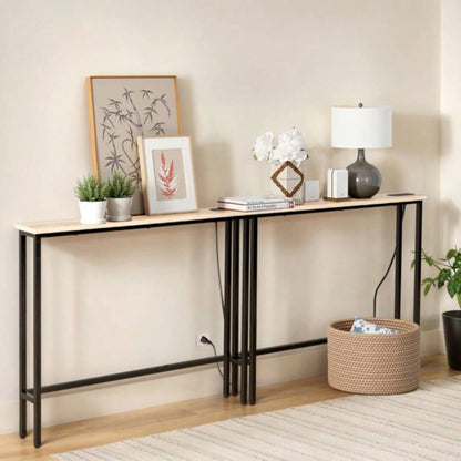2 Pack 39.4 Narrow Console Sofa Table with Power Outlets and USB Ports, Long Couch Table with Metal Frame and Charge Station with 4.9ft Extension Cord, Oak
