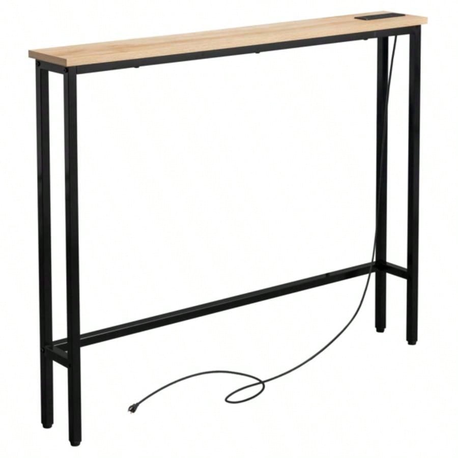39.4 Narrow Console Sofa Table with Power Outlets and USB Ports, Couch Table with Metal Frame and Charge Station with 4.9ft Extension Cord, Oak