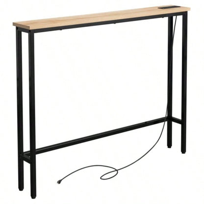 39.4 Narrow Console Sofa Table with Power Outlets and USB Ports, Couch Table with Metal Frame and Charge Station with 4.9ft Extension Cord, Oak