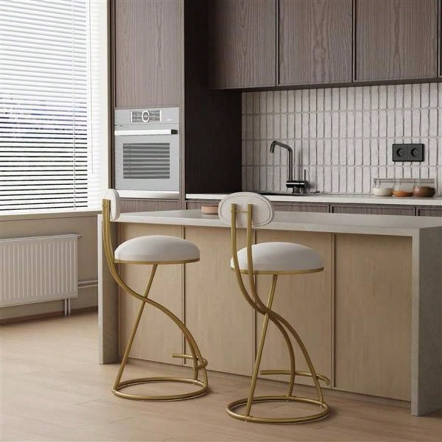 Round Bar Stool Armless Velvet Barstools with Back Set of 2 Upholstered Counter Chair Dining Room, Kitchen Island Gold Creamy White