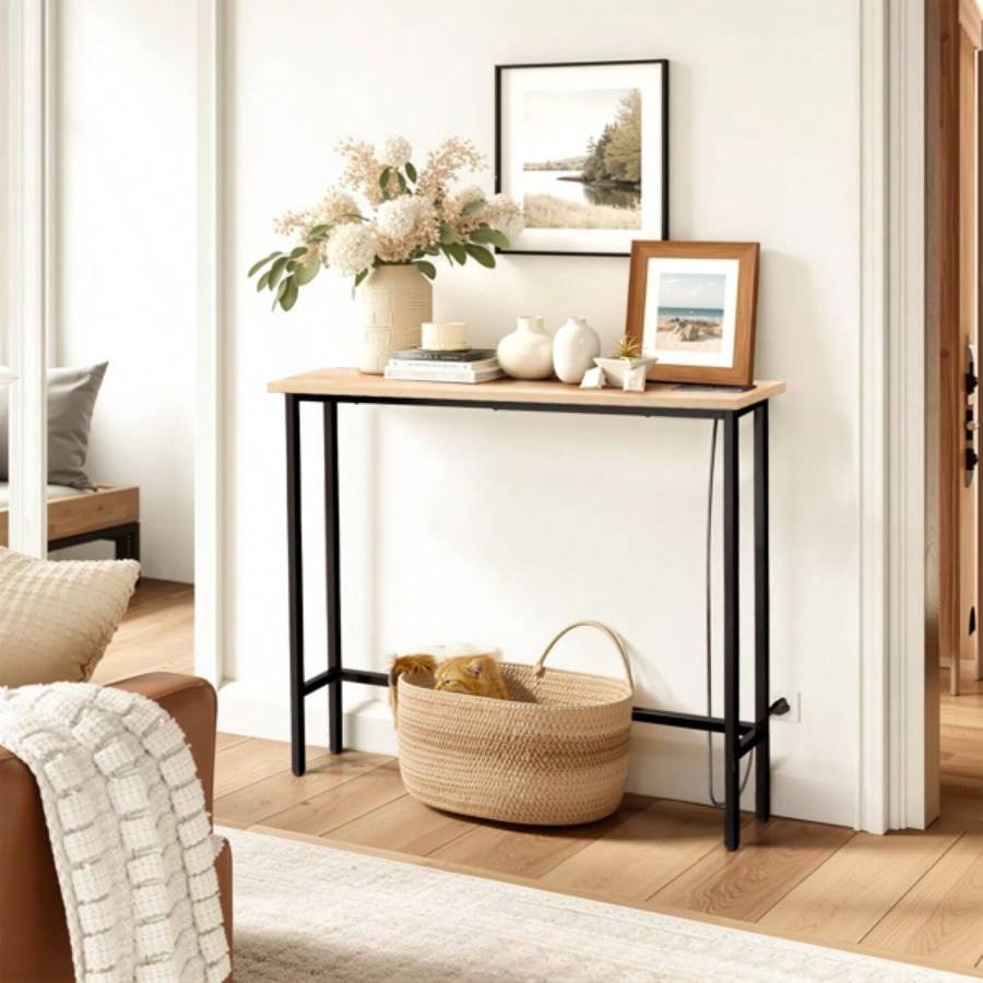 39.4 Narrow Console Sofa Table with Power Outlets and USB Ports, Couch Table with Metal Frame and Charge Station with 4.9ft Extension Cord, Oak