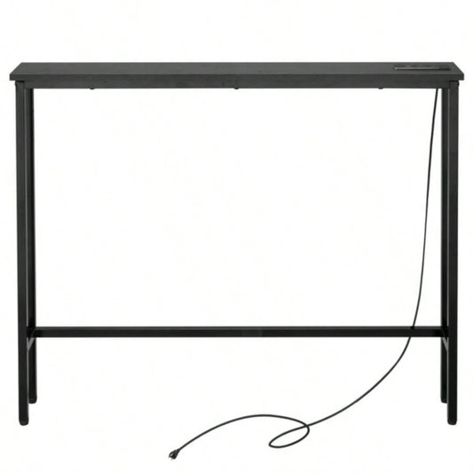 39.4 Narrow Console Sofa Table with Power Outlets and USB Ports, Couch Table with Metal Frame and Charge Station with 4.9ft Extension Cord, Black