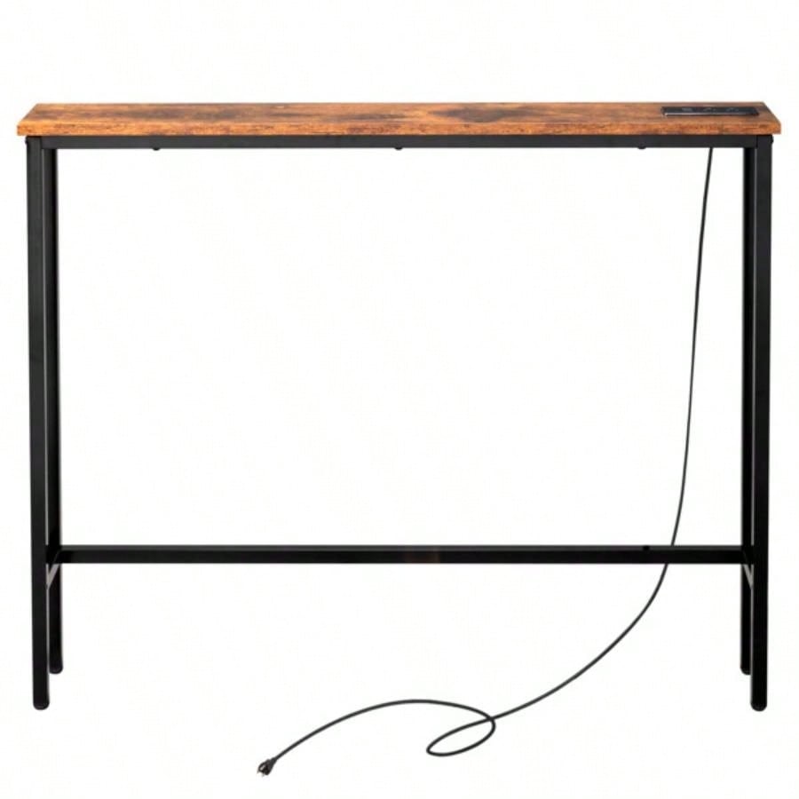39.4 Narrow Console Sofa Table with Power Outlets and USB Ports, Couch Table with Metal Frame and Charge Station with 4.9ft Extension Cord, Rustic Brown
