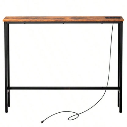 39.4 Narrow Console Sofa Table with Power Outlets and USB Ports, Couch Table with Metal Frame and Charge Station with 4.9ft Extension Cord, Rustic Brown