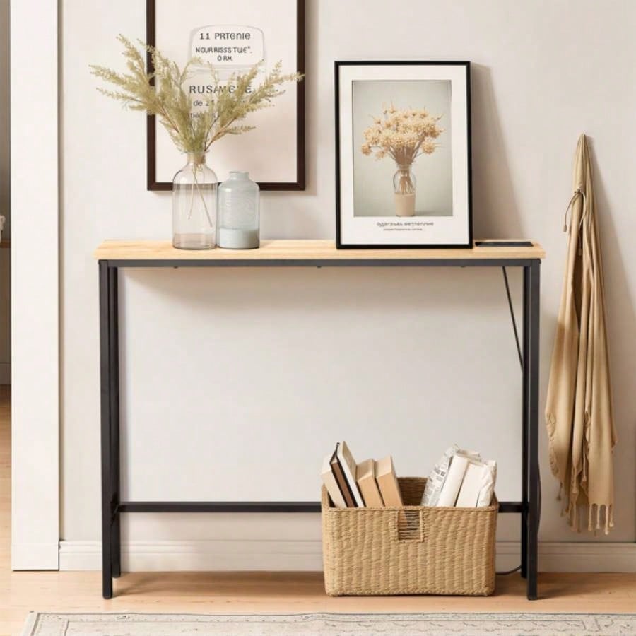39.4 Narrow Console Sofa Table with Power Outlets and USB Ports, Couch Table with Metal Frame and Charge Station with 4.9ft Extension Cord, Oak