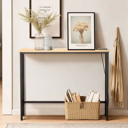 39.4 Narrow Console Sofa Table with Power Outlets and USB Ports, Couch Table with Metal Frame and Charge Station with 4.9ft Extension Cord, Oak