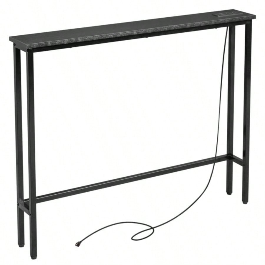 39.4 Narrow Console Sofa Table with Power Outlets and USB Ports, Couch Table with Metal Frame and Charge Station with 4.9ft Extension Cord, Black