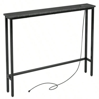39.4 Narrow Console Sofa Table with Power Outlets and USB Ports, Couch Table with Metal Frame and Charge Station with 4.9ft Extension Cord, Black