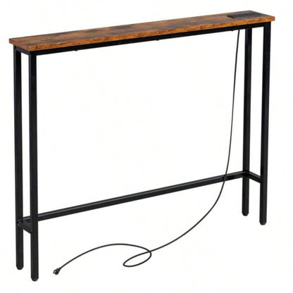 39.4 Narrow Console Sofa Table with Power Outlets and USB Ports, Couch Table with Metal Frame and Charge Station with 4.9ft Extension Cord, Rustic Brown