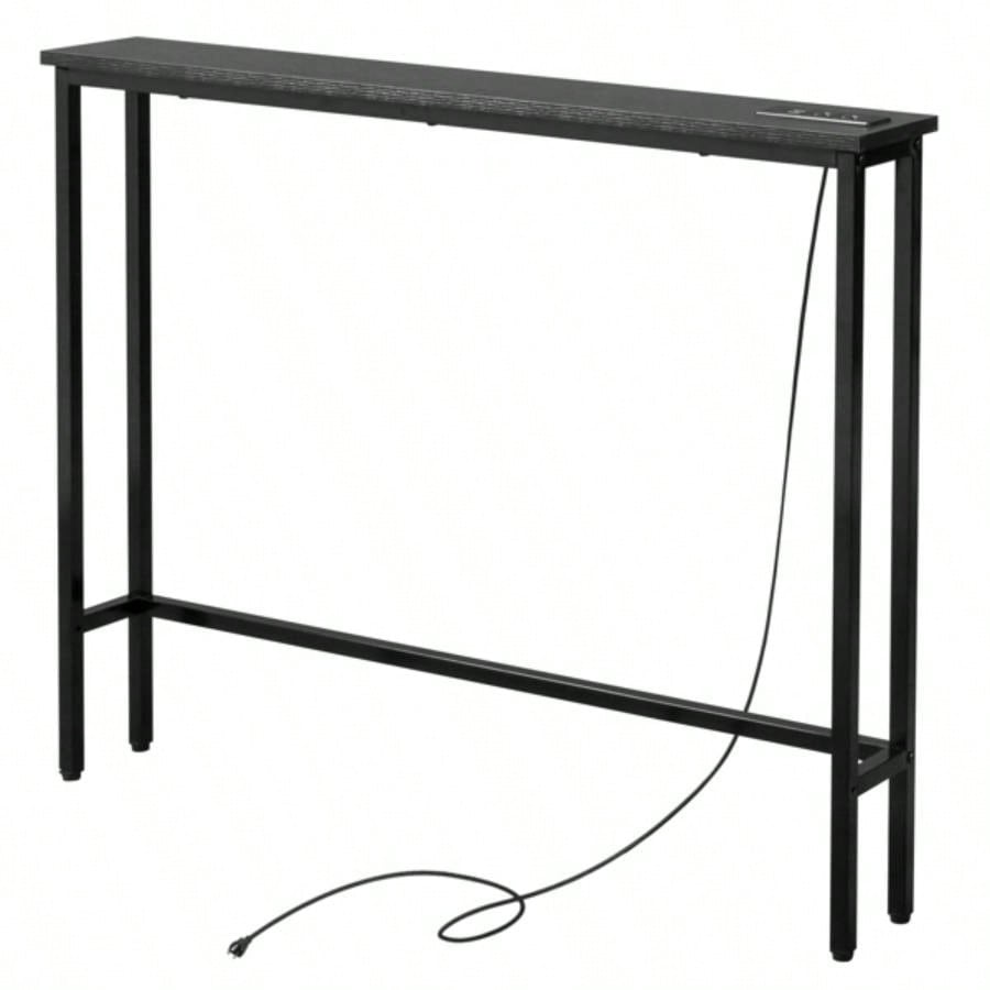 39.4 Narrow Console Sofa Table with Power Outlets and USB Ports, Couch Table with Metal Frame and Charge Station with 4.9ft Extension Cord, Black