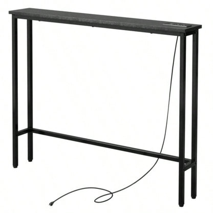 39.4 Narrow Console Sofa Table with Power Outlets and USB Ports, Couch Table with Metal Frame and Charge Station with 4.9ft Extension Cord, Black