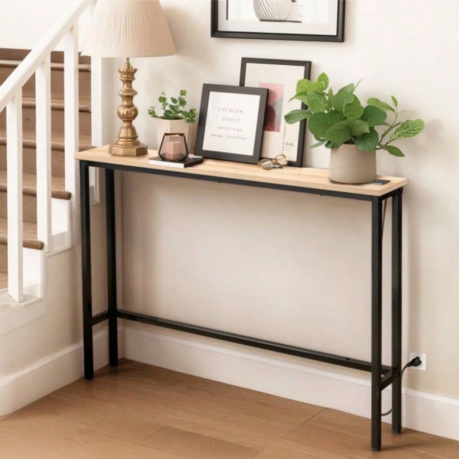 39.4 Narrow Console Sofa Table with Power Outlets and USB Ports, Couch Table with Metal Frame and Charge Station with 4.9ft Extension Cord, Oak