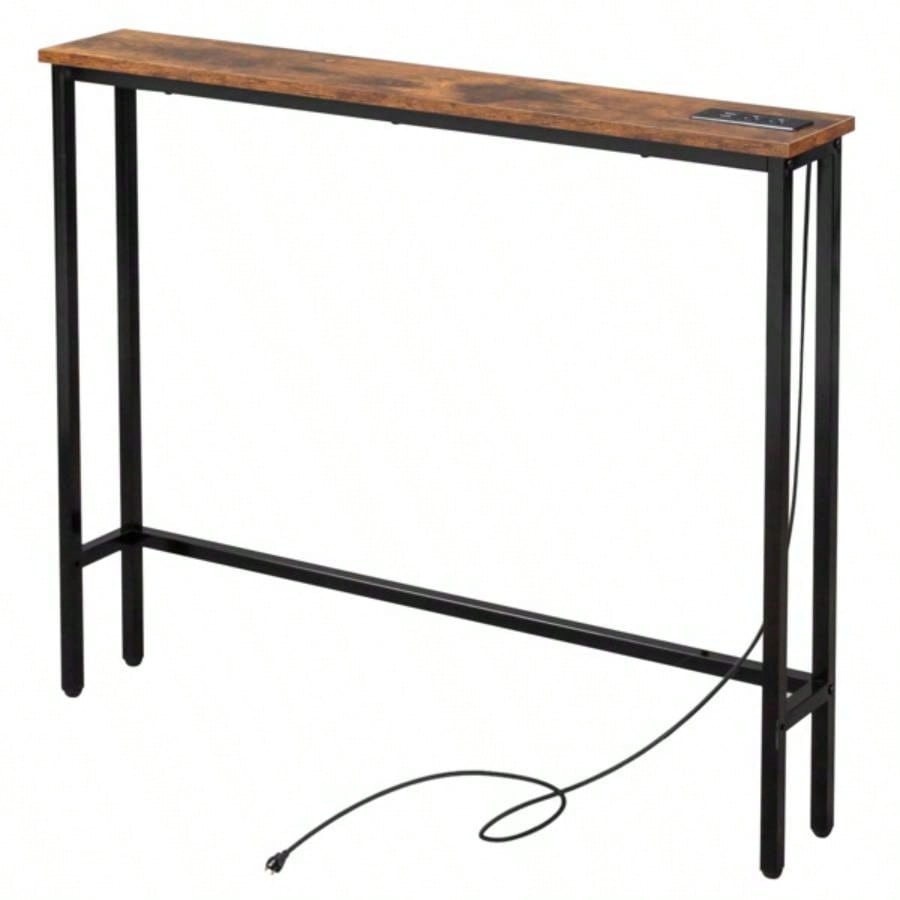 39.4 Narrow Console Sofa Table with Power Outlets and USB Ports, Couch Table with Metal Frame and Charge Station with 4.9ft Extension Cord, Rustic Brown
