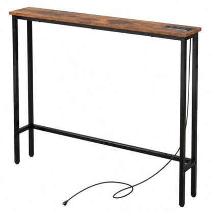 39.4 Narrow Console Sofa Table with Power Outlets and USB Ports, Couch Table with Metal Frame and Charge Station with 4.9ft Extension Cord, Rustic Brown