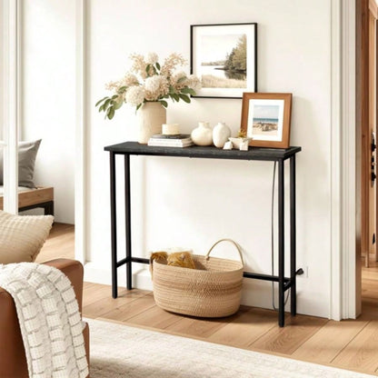39.4 Narrow Console Sofa Table with Power Outlets and USB Ports, Couch Table with Metal Frame and Charge Station with 4.9ft Extension Cord, Black