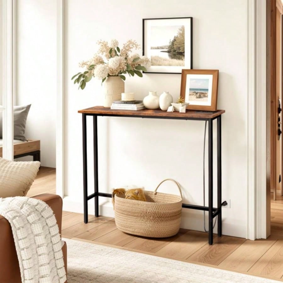 39.4 Narrow Console Sofa Table with Power Outlets and USB Ports, Couch Table with Metal Frame and Charge Station with 4.9ft Extension Cord, Rustic Brown