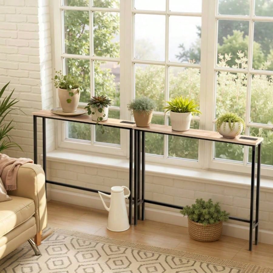 2 Pack 39.4 Narrow Console Sofa Table with Power Outlets and USB Ports, Long Couch Table with Metal Frame and Charge Station with 4.9ft Extension Cord, Oak