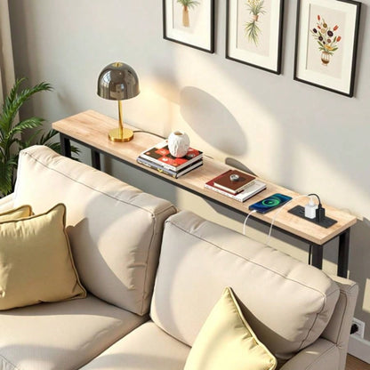 39.4 Narrow Console Sofa Table with Power Outlets and USB Ports, Couch Table with Metal Frame and Charge Station with 4.9ft Extension Cord, Oak