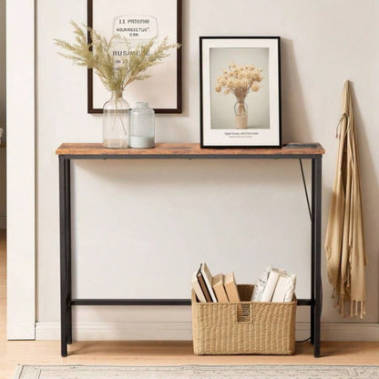 39.4 Narrow Console Sofa Table with Power Outlets and USB Ports, Couch Table with Metal Frame and Charge Station with 4.9ft Extension Cord, Rustic Brown