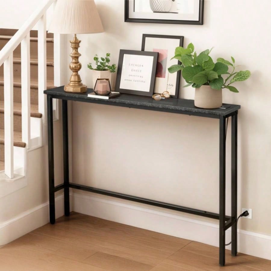 39.4 Narrow Console Sofa Table with Power Outlets and USB Ports, Couch Table with Metal Frame and Charge Station with 4.9ft Extension Cord, Black